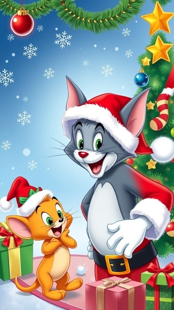 Tom and Jerry celebrating Christmas with festive decorations and snowflakes.